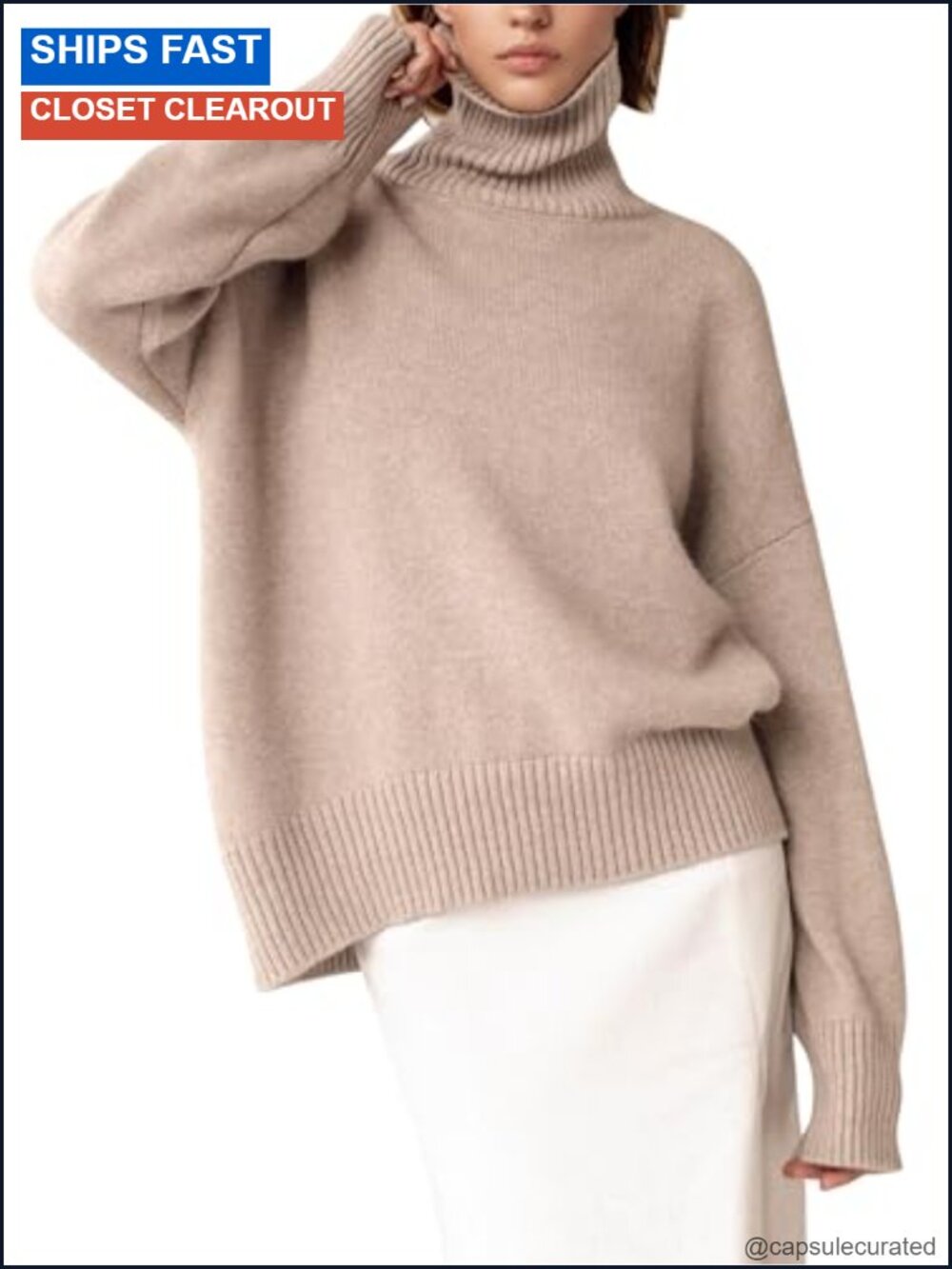 Chunky Knit Turtleneck Sweater Long Sleeve High Low Hem Pullover Jumper Top